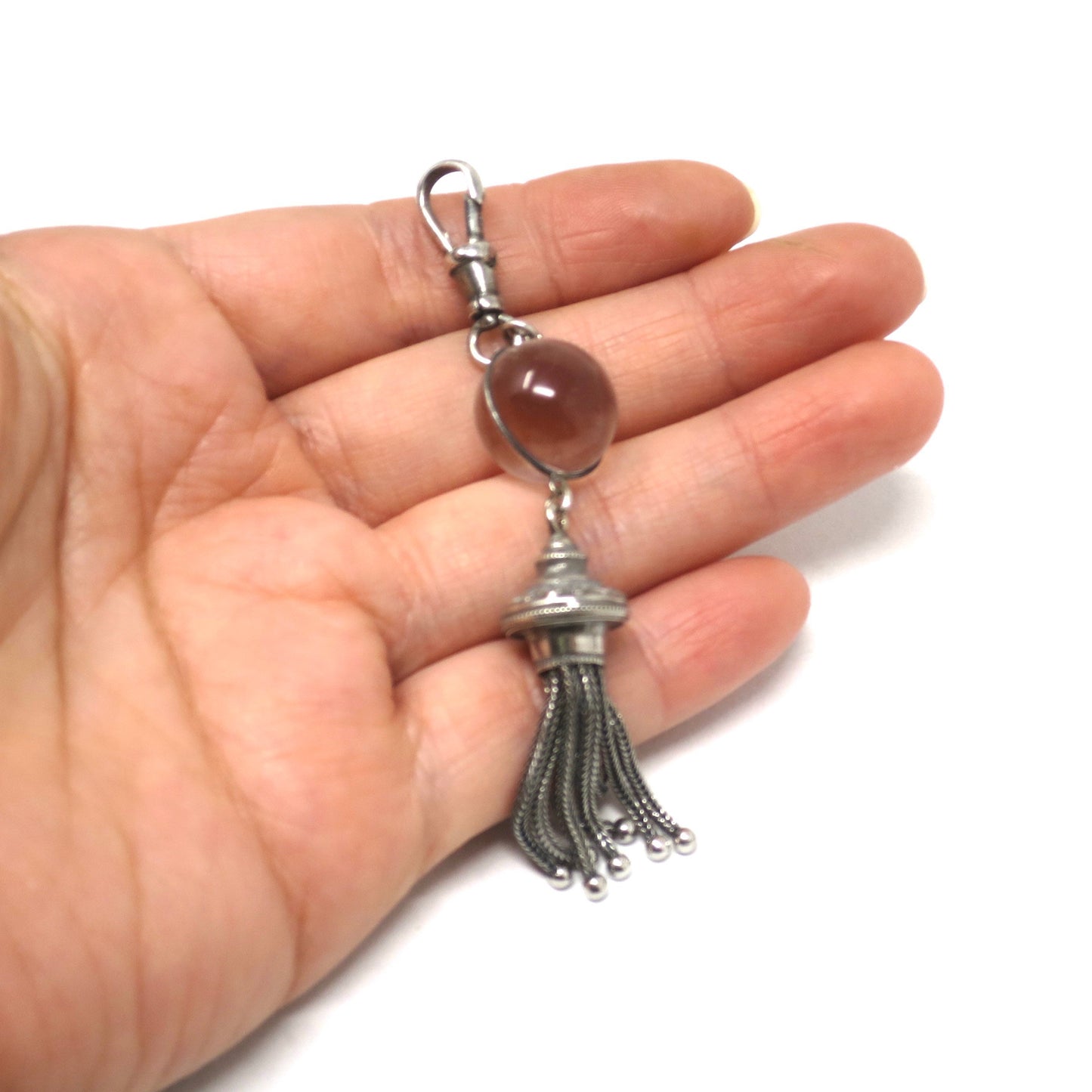 Antique Victorian Pool of Light Rock Crystal Sterling Silver Tassel Fob Pendant