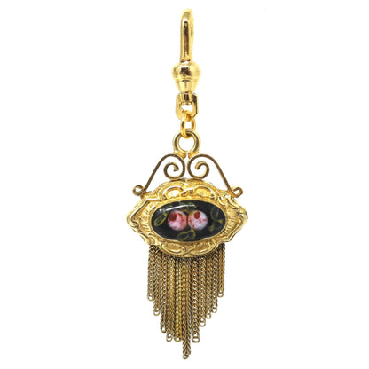Antique Victorian Yellow Gilt Metal Enameled Flowers Tassel Pendant