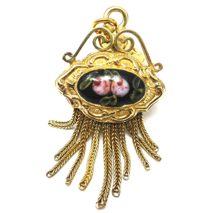 Antique Victorian Yellow Gilt Metal Enameled Flowers Tassel Pendant