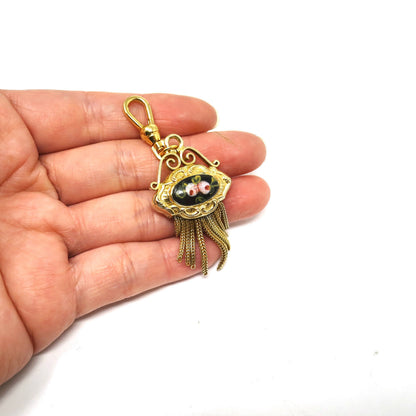 Antique Victorian Yellow Gilt Metal Enameled Flowers Tassel Pendant