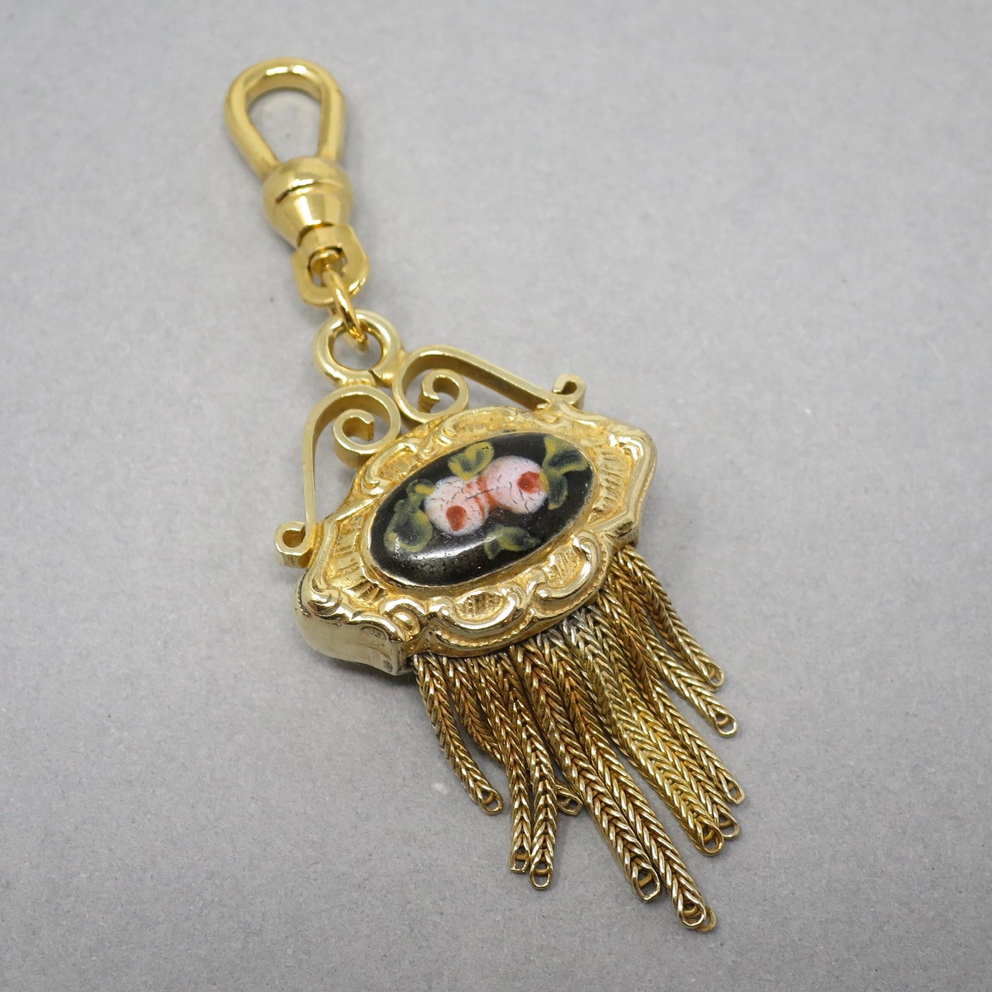 Antique Victorian Yellow Gilt Metal Enameled Flowers Tassel Pendant