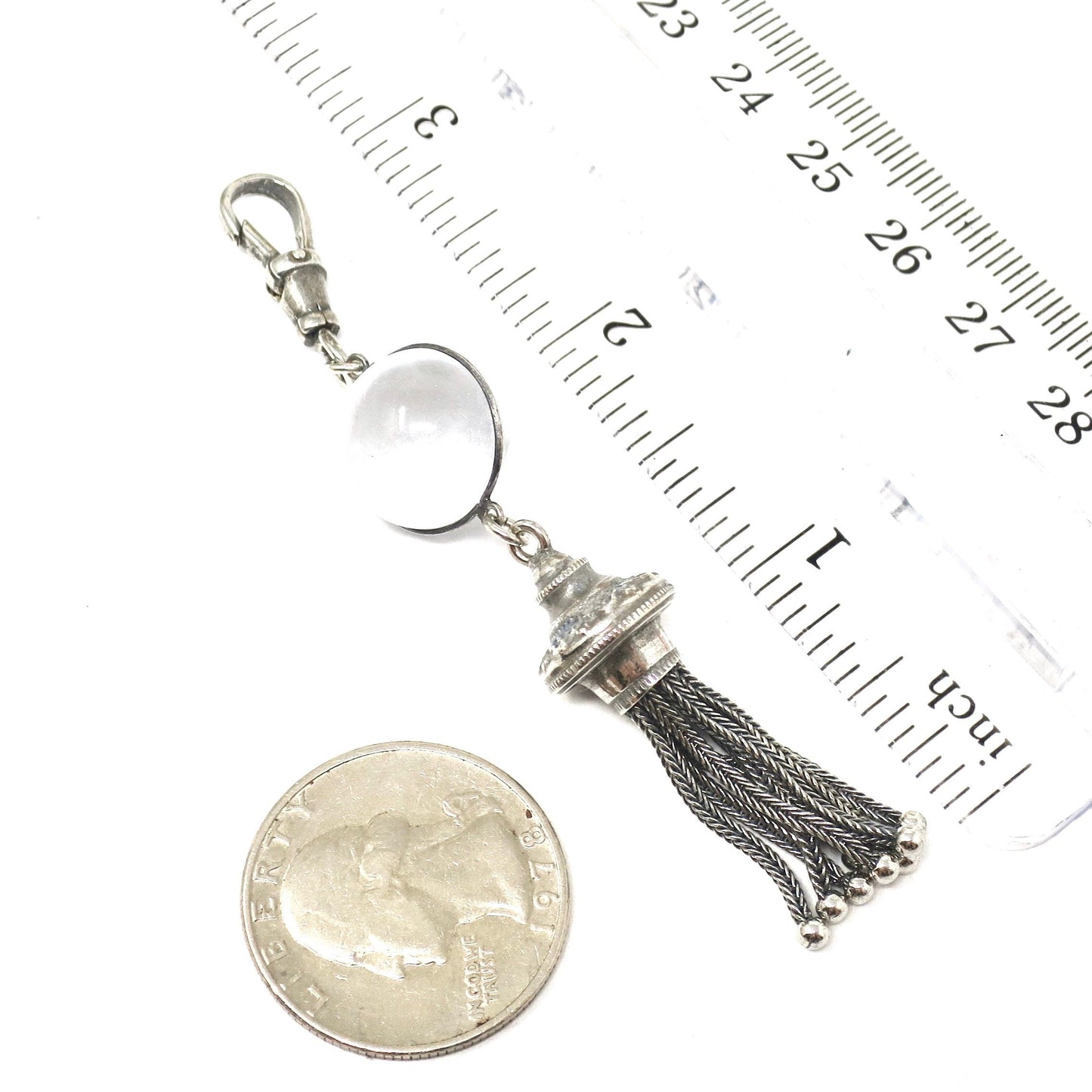 Antique Victorian Pool of Light Rock Crystal Sterling Silver Tassel Fob Pendant