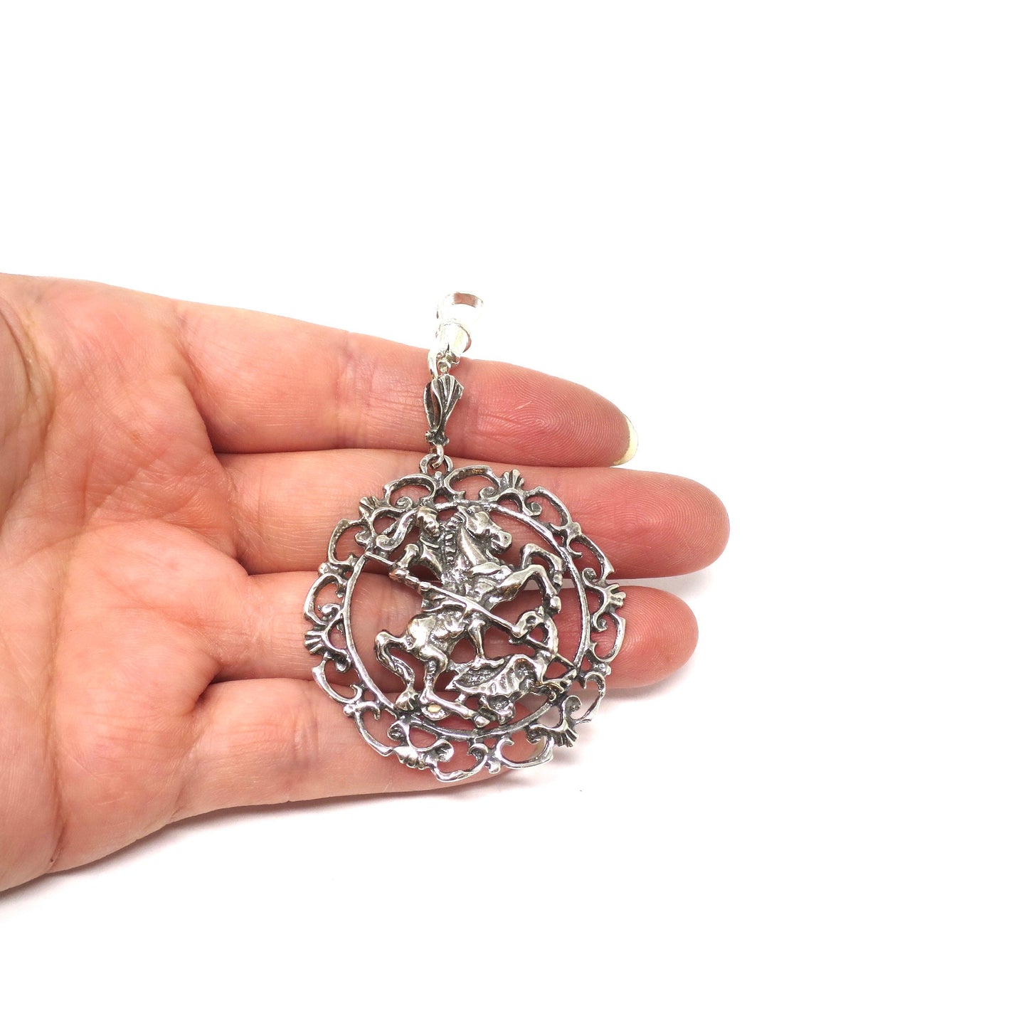 Antique Florentine 835 Continental Silver Saint George Slaying Dragon Pendant