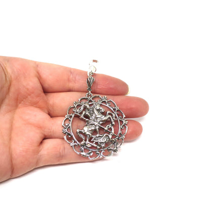 Antique Florentine 835 Continental Silver Saint George Slaying Dragon Pendant