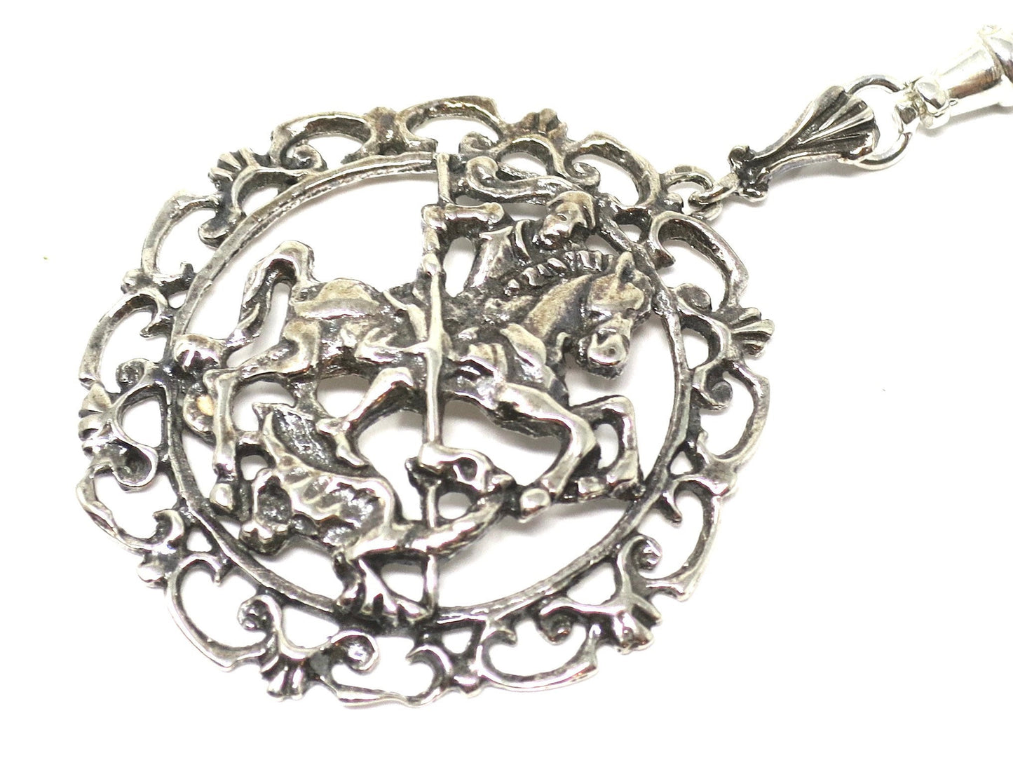Antique Florentine 835 Continental Silver Saint George Slaying Dragon Pendant