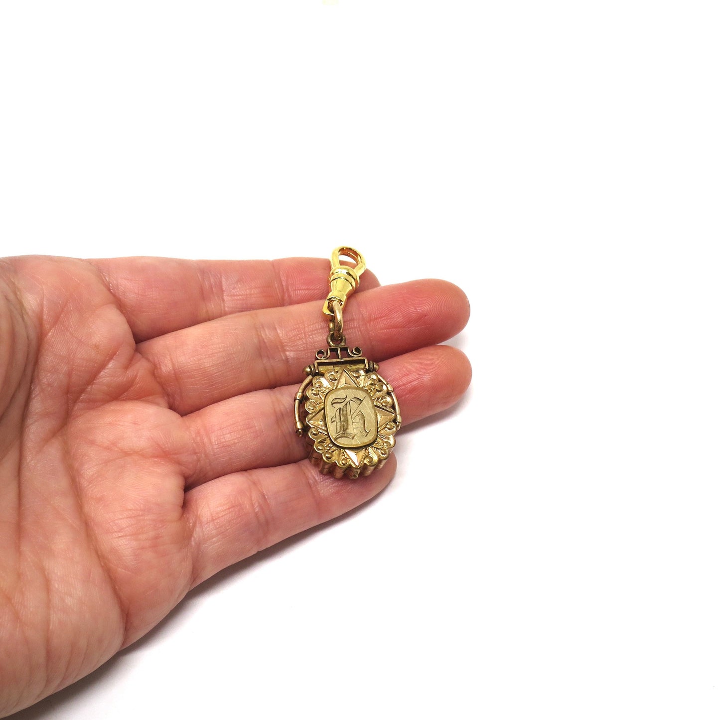 Antique Gold Filled Fob Locket, Floral Monogram Pendant, Secret Compartment