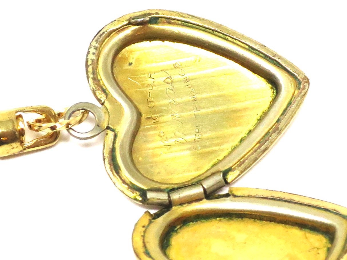 Vintage VARGAS 10kt Gold Filled Engraved Forget Me Not Flower Heart Locket Pendant