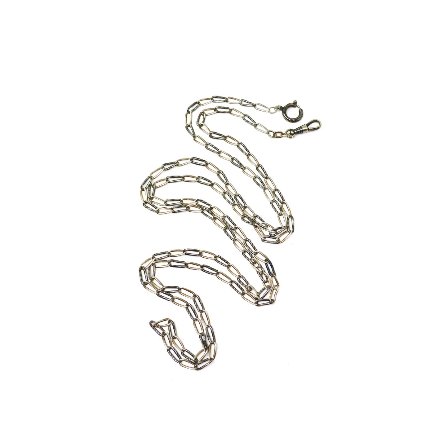 Long Antique Victorian Niello 800 Silver Sautoir Muff Guard Chain Necklace, 42 3/4" inches MB3