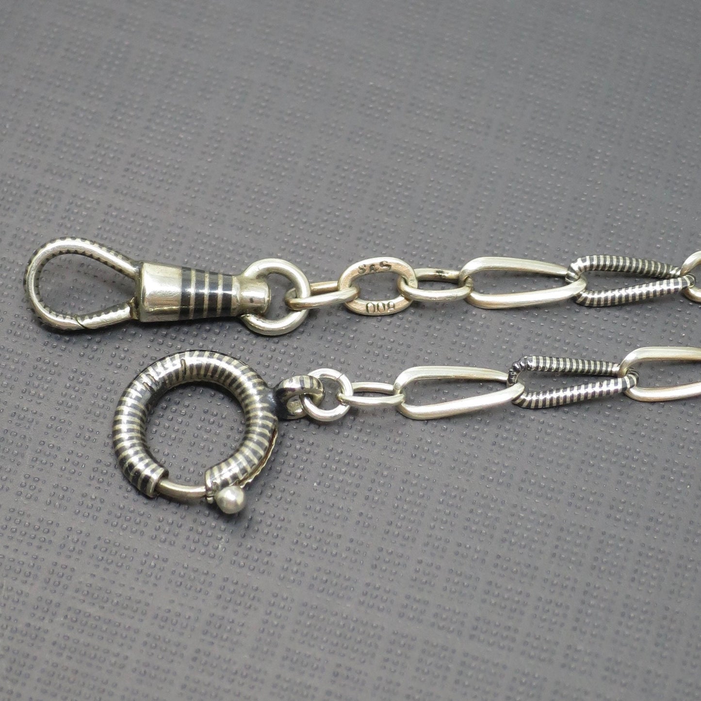 Long Antique Victorian Niello 800 Silver Sautoir Muff Guard Chain Necklace, 42 3/4" inches MB3
