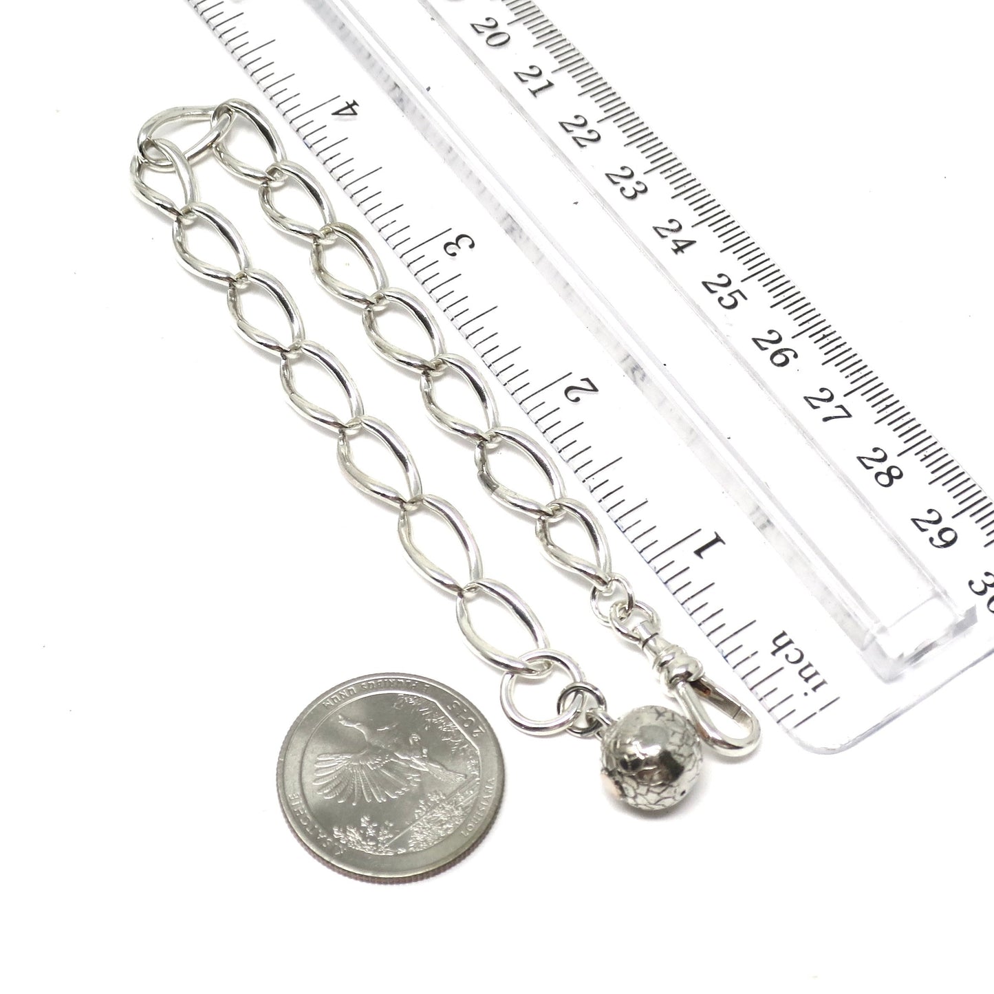 Antique Victorian Sterling Silver Albert Watch Chain Bracelet with Sphere Charm