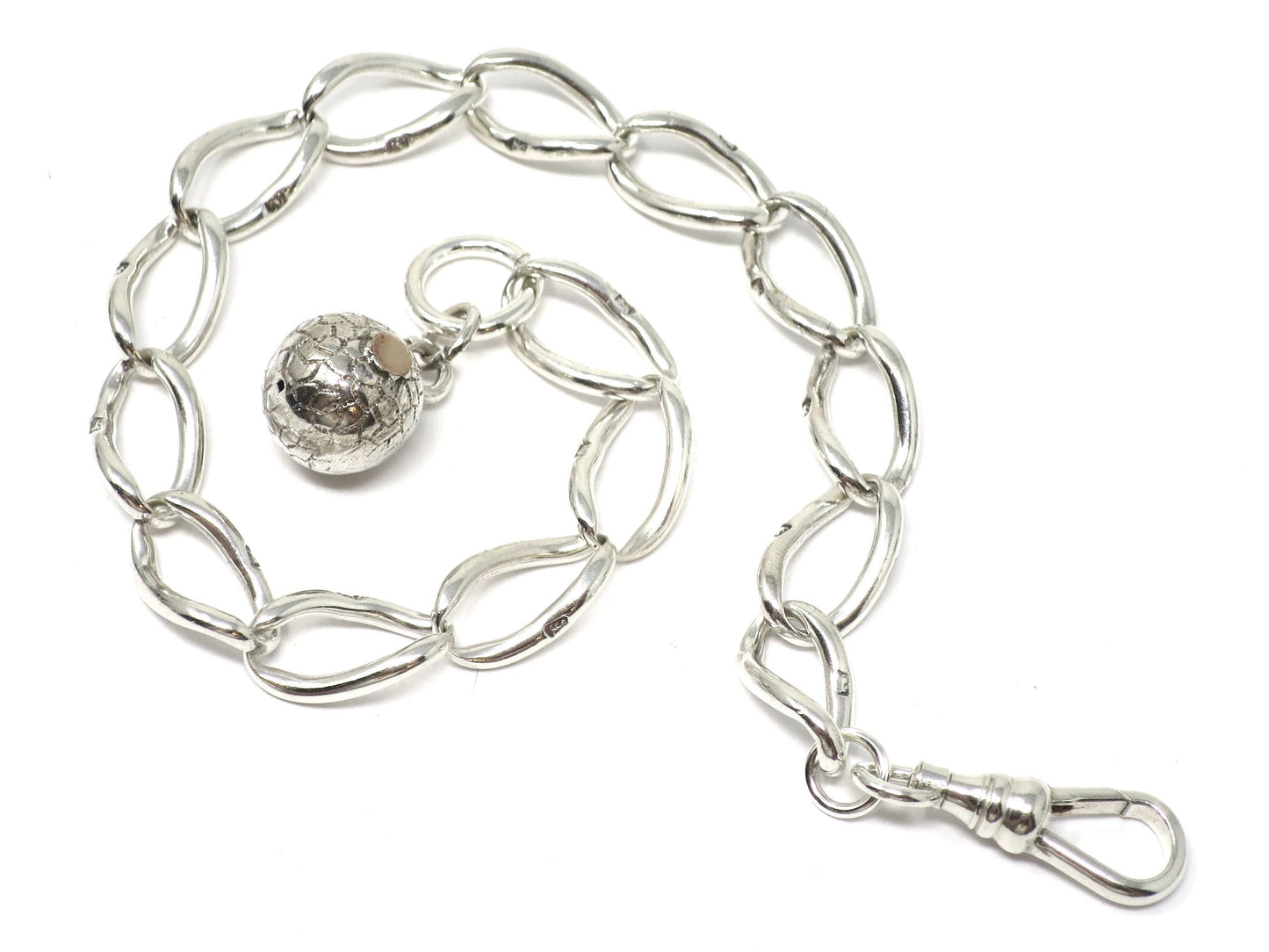 Antique Victorian Sterling Silver Albert Watch Chain Bracelet with Sphere Charm