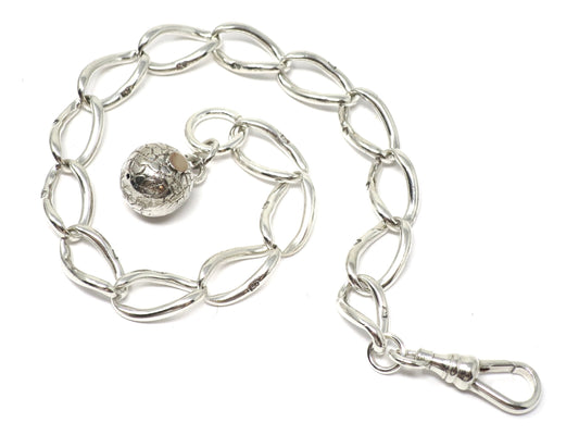 Antique Victorian Sterling Silver Albert Watch Chain Bracelet with Sphere Charm