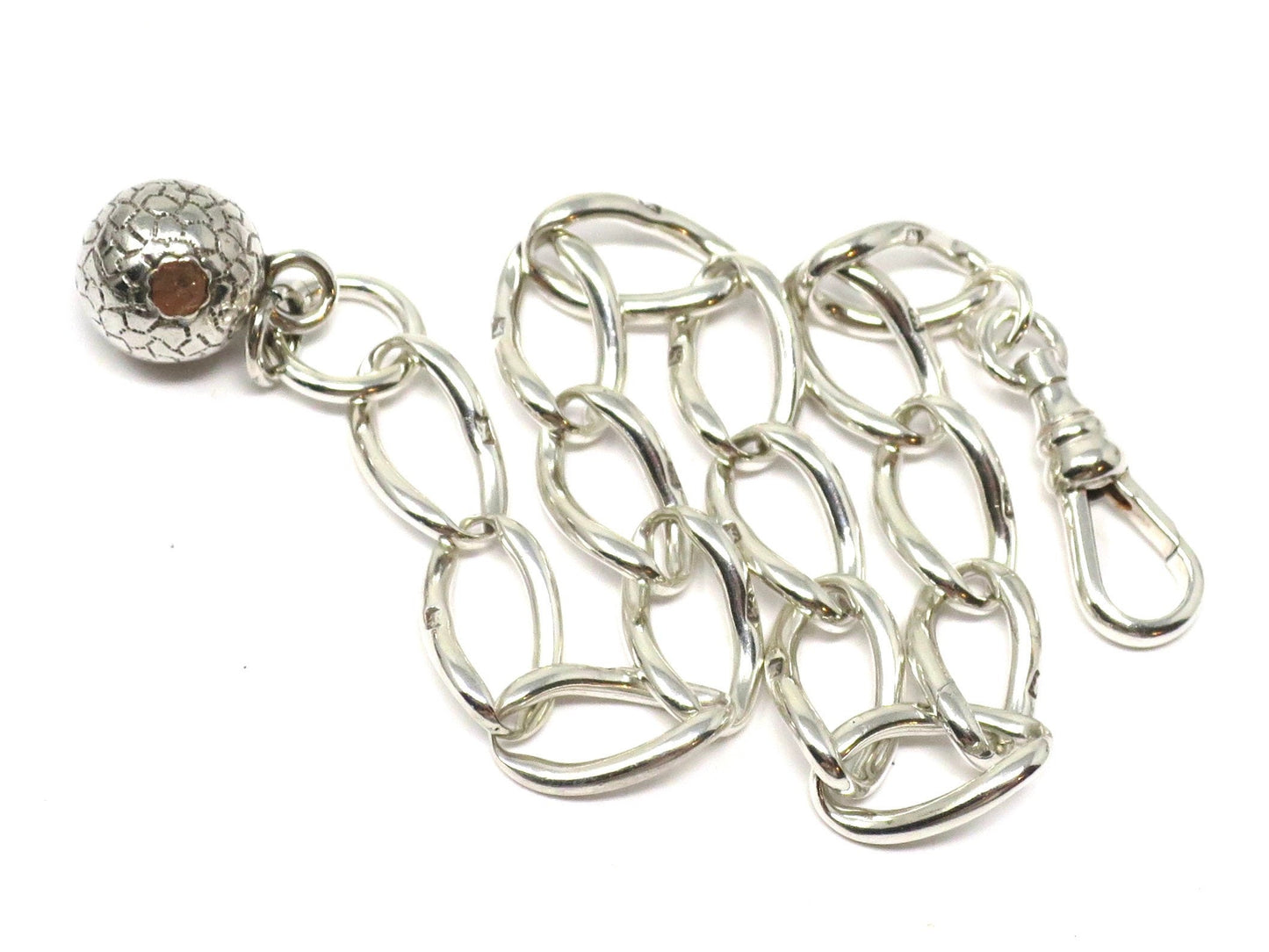 Antique Victorian Sterling Silver Albert Watch Chain Bracelet with Sphere Charm
