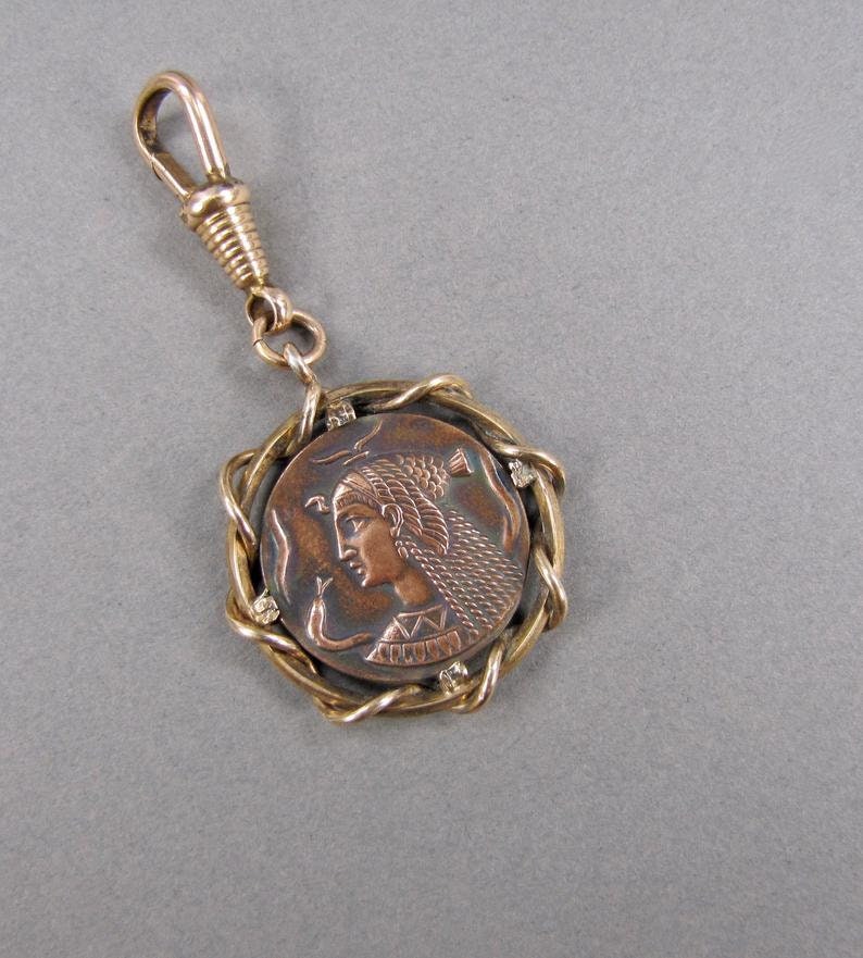 Vintage Egyptian Revival Cleopatra & Asp Rose Gold Gilt and Copper Pendant