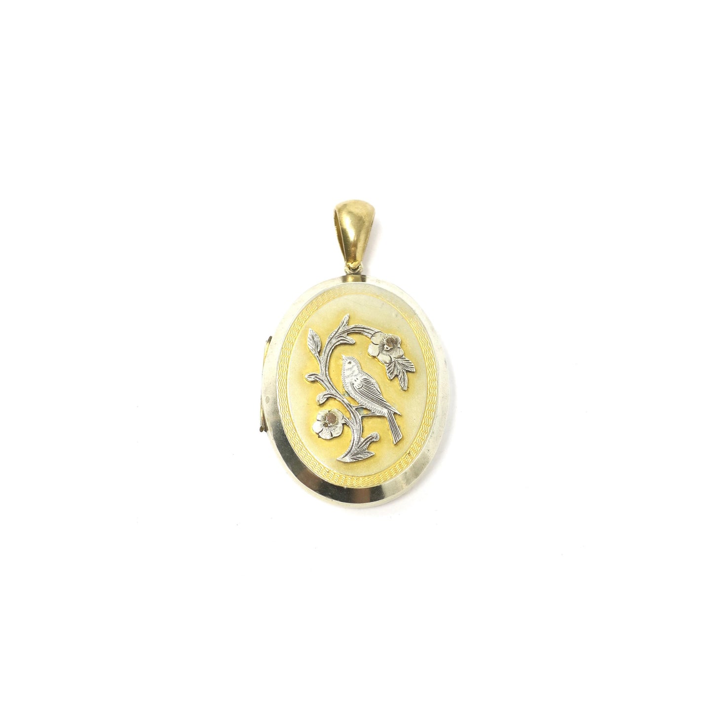 Antique Victorian Gold Gilt Metal with Forget-Me-Not Flowers & Bird Locket Pendant