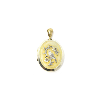 Antique Victorian Gold Gilt Metal with Forget-Me-Not Flowers & Bird Locket Pendant