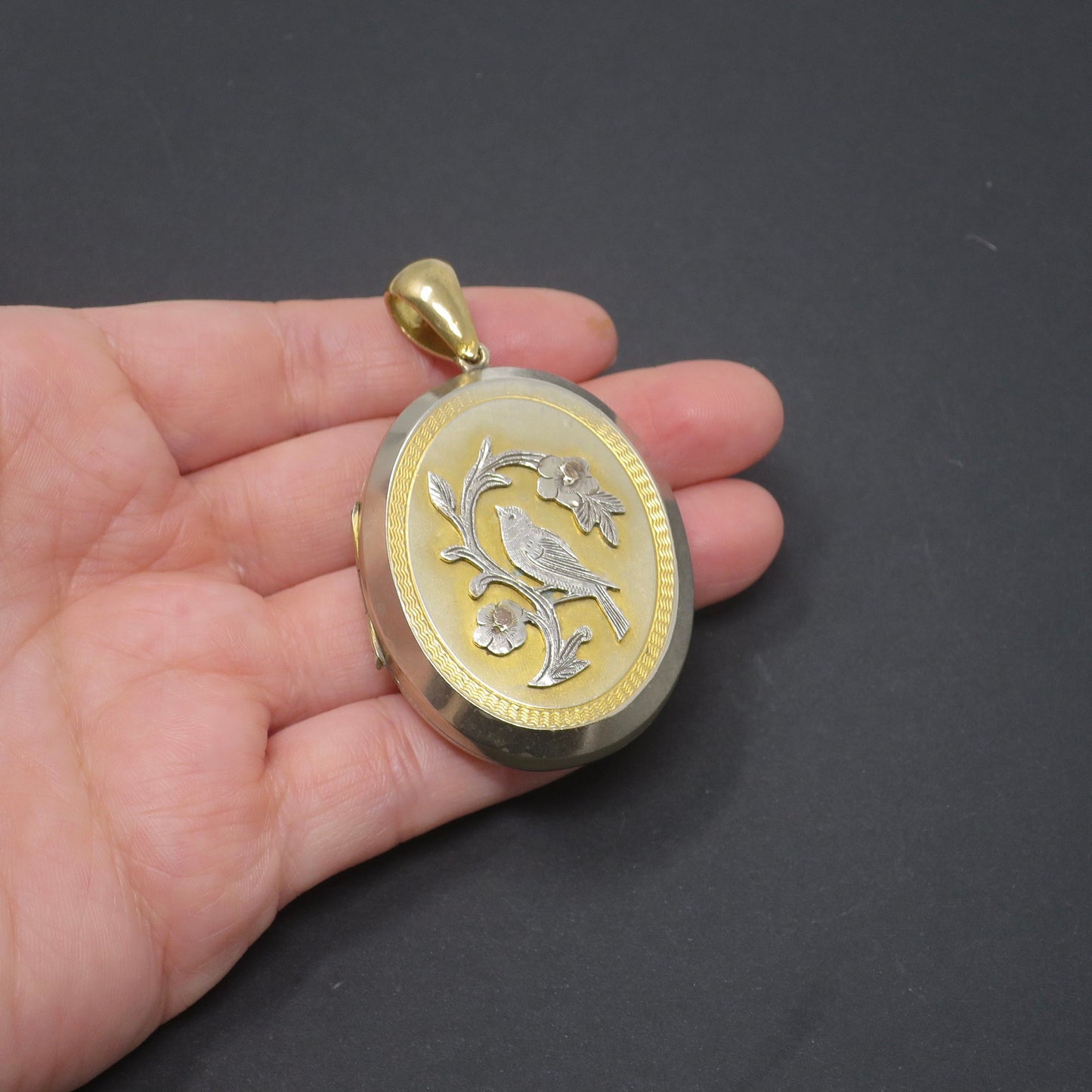 Antique Victorian Gold Gilt Metal with Forget-Me-Not Flowers & Bird Locket Pendant