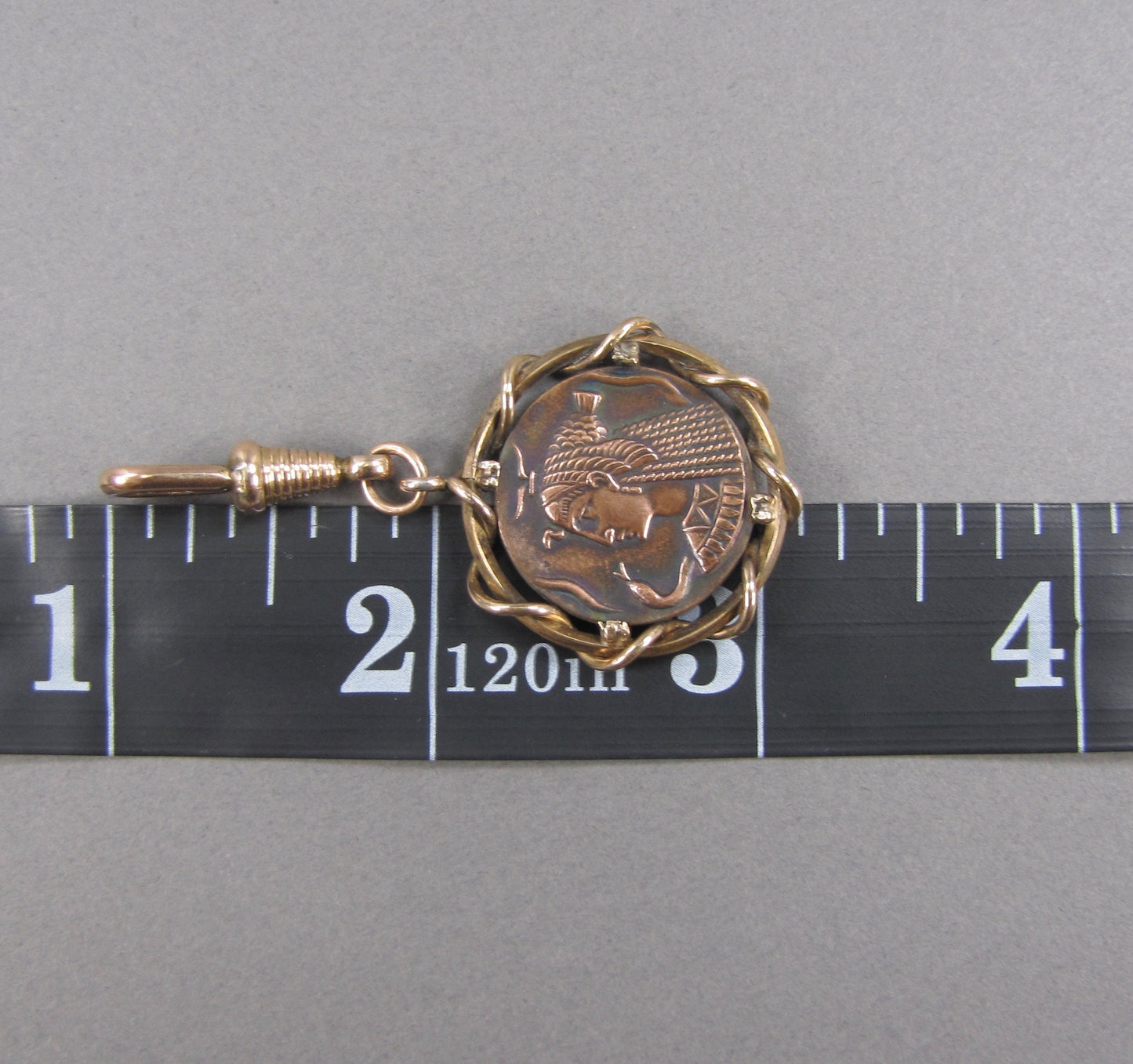 Vintage Egyptian Revival Cleopatra & Asp Rose Gold Gilt and Copper Pendant