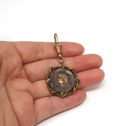 Vintage Egyptian Revival Cleopatra & Asp Rose Gold Gilt and Copper Pendant
