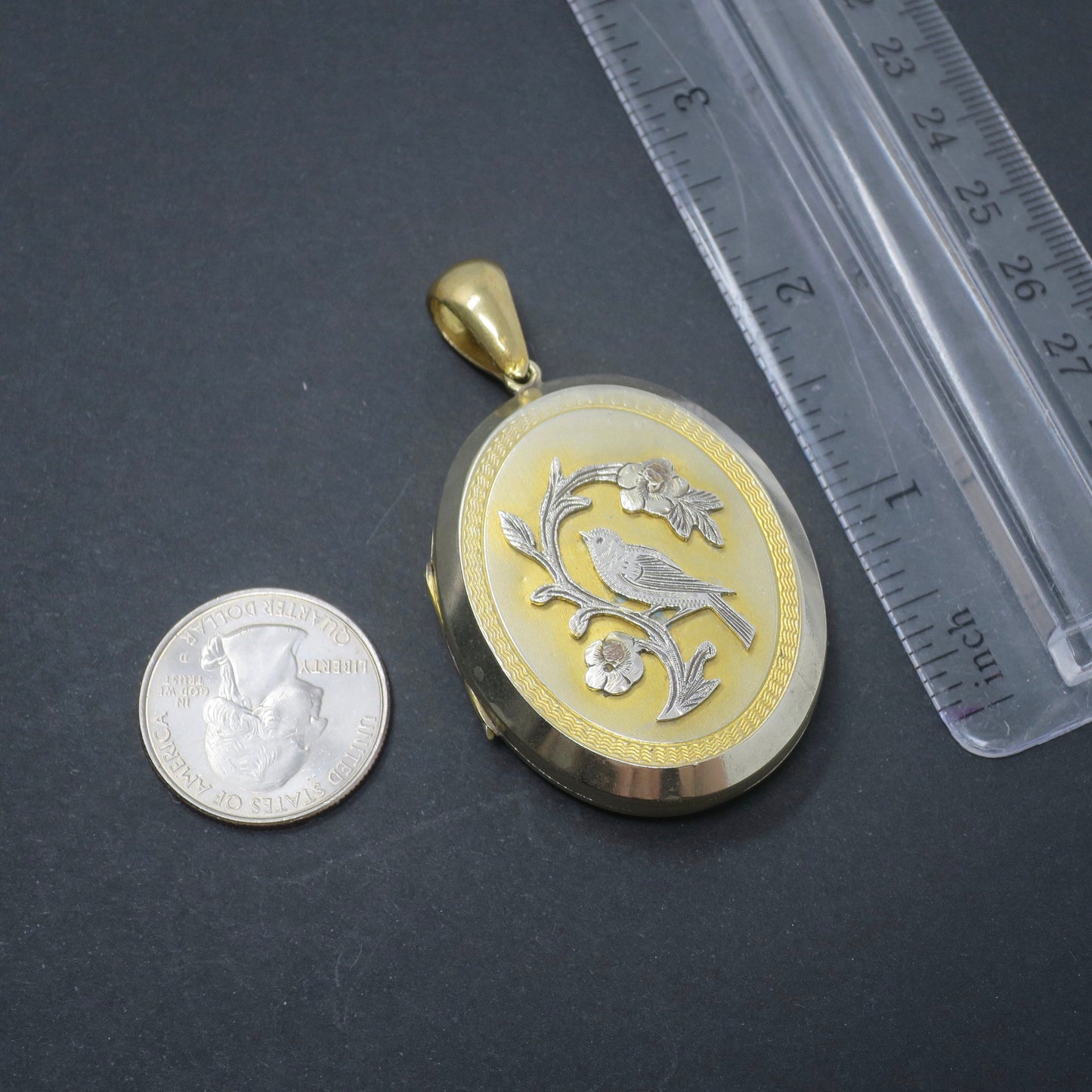 Antique Victorian Gold Gilt Metal with Forget-Me-Not Flowers & Bird Locket Pendant