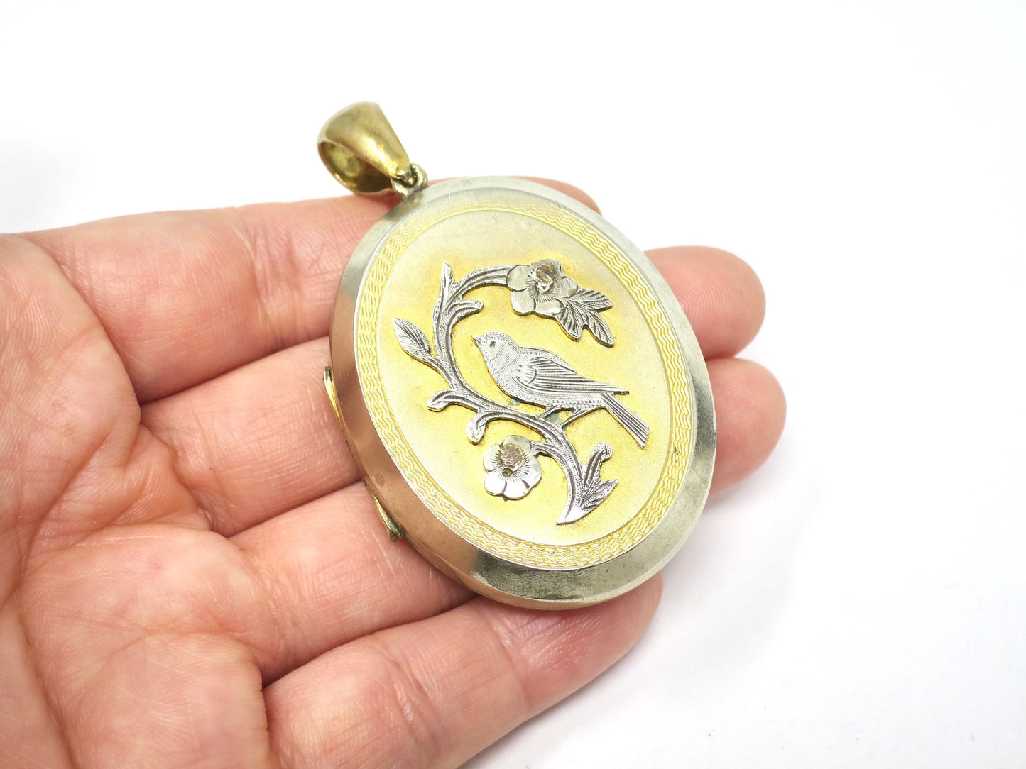 Antique Victorian Gold Gilt Metal with Forget-Me-Not Flowers & Bird Locket Pendant