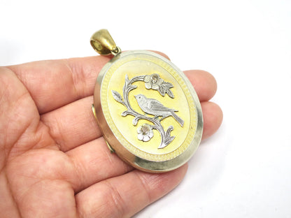 Antique Victorian Gold Gilt Metal with Forget-Me-Not Flowers & Bird Locket Pendant