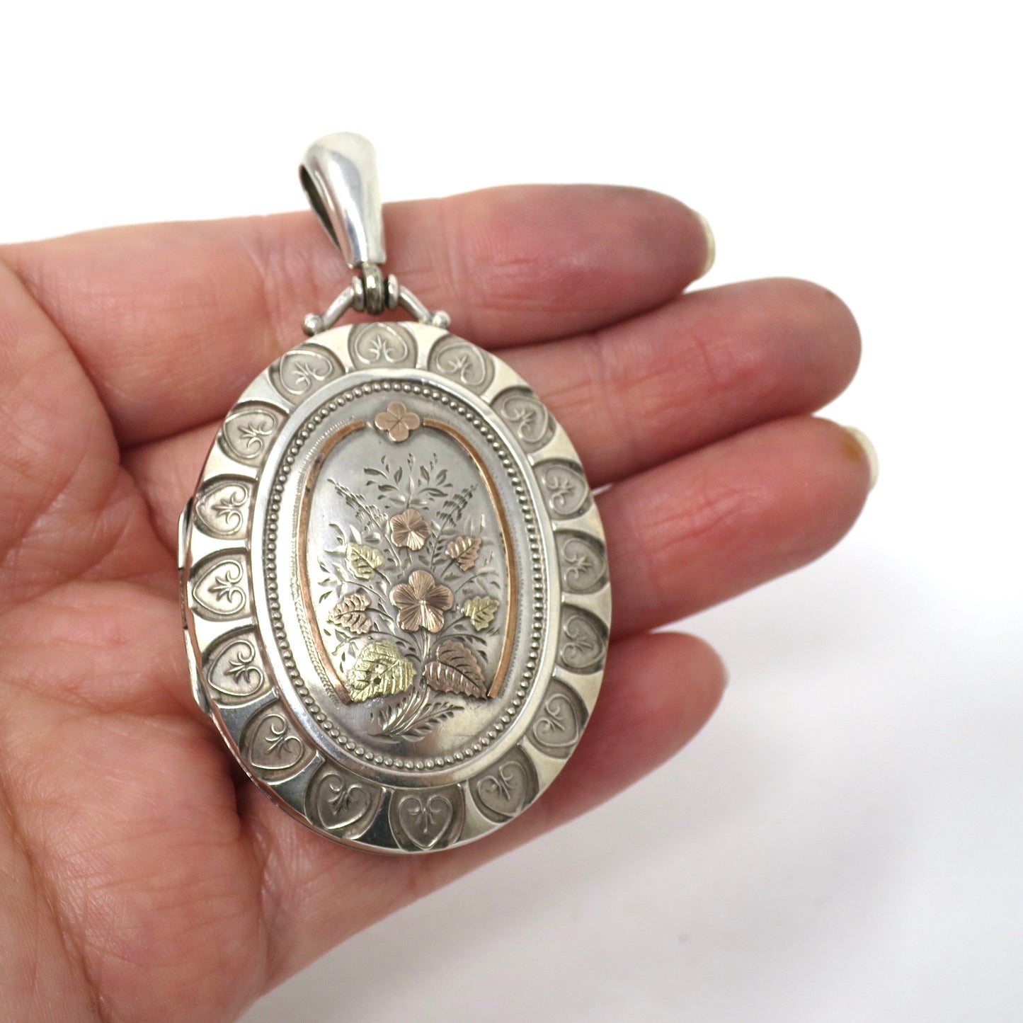 Antique Victorian Sterling Silver Forget-Me-Not Locket Pendant: Rose & Yellow Gold Vermeil, Birmingham 1876