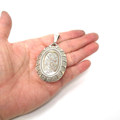 Antique Victorian Sterling Silver Forget-Me-Not Locket Pendant: Rose & Yellow Gold Vermeil, Birmingham 1876