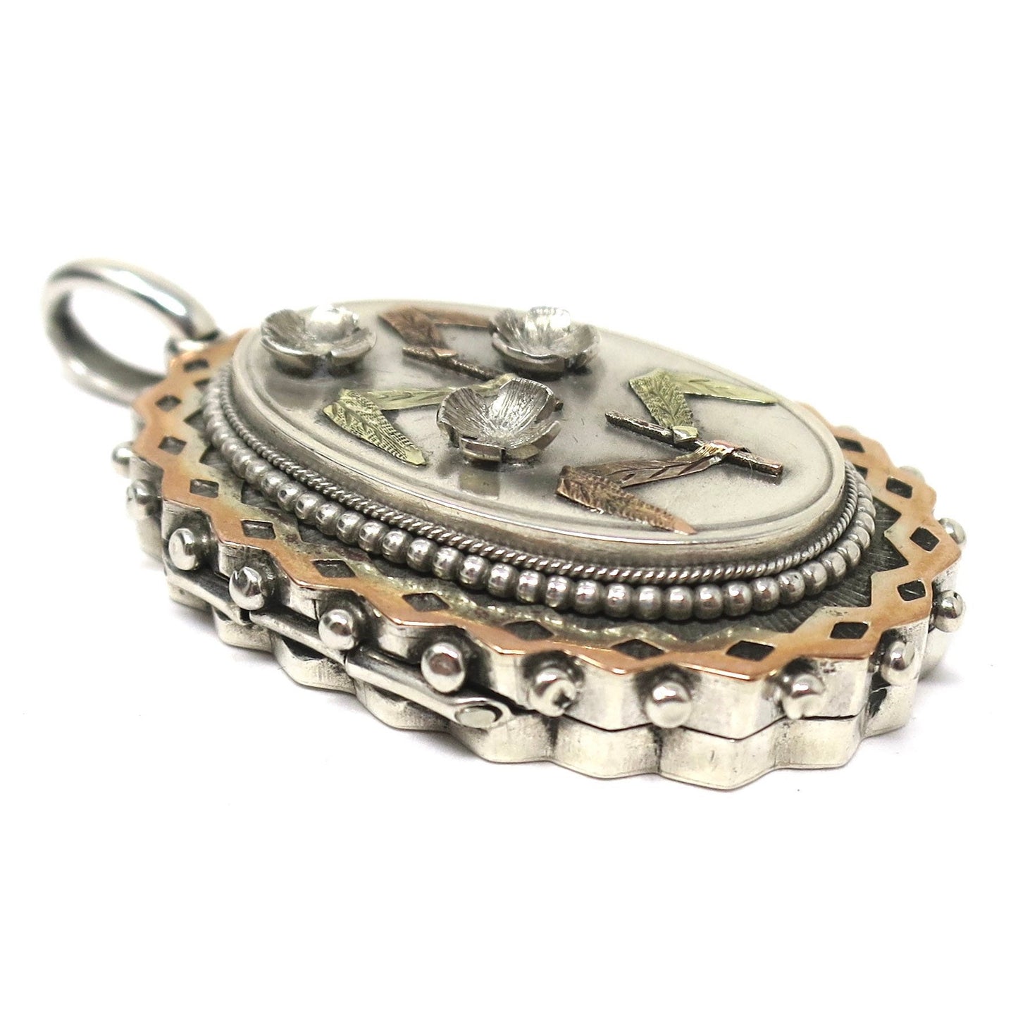 Antique Victorian Sterling Silver & Gold Vermeil 3D Flowers Locket Pendant