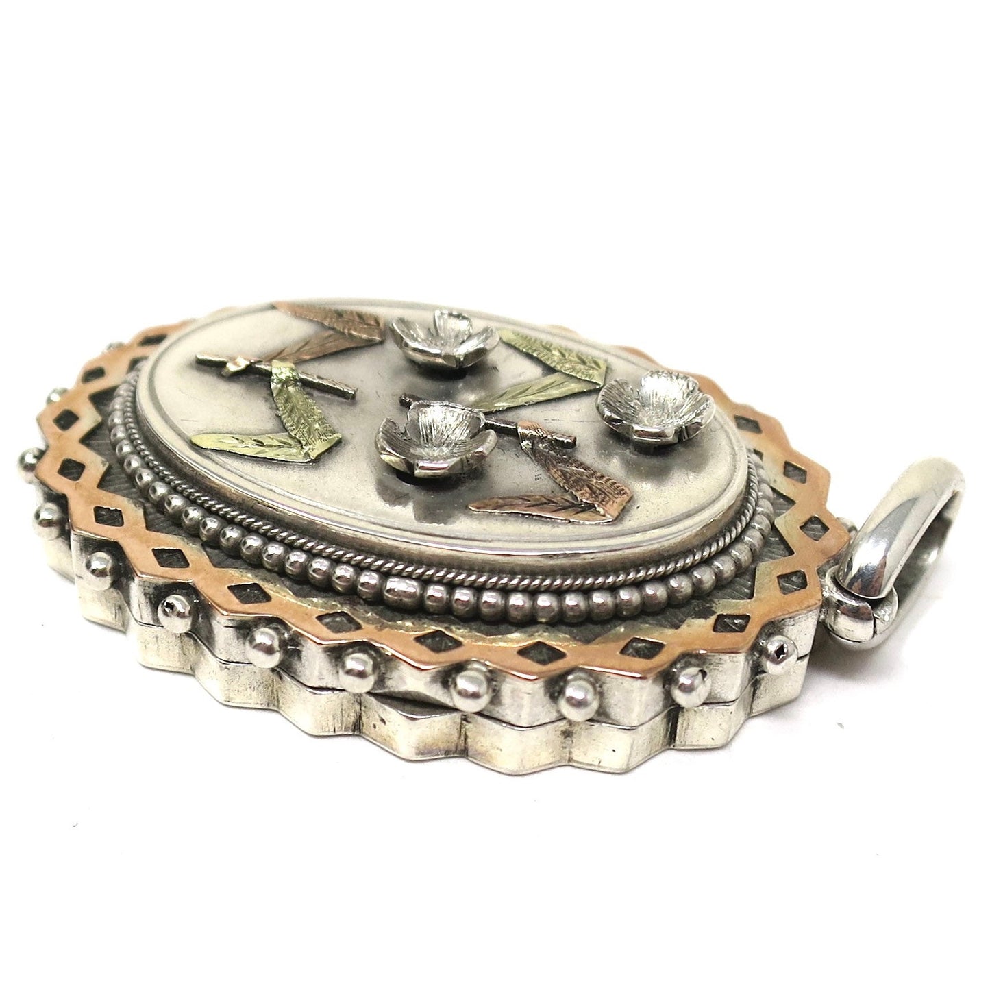 Antique Victorian Sterling Silver & Gold Vermeil 3D Flowers Locket Pendant