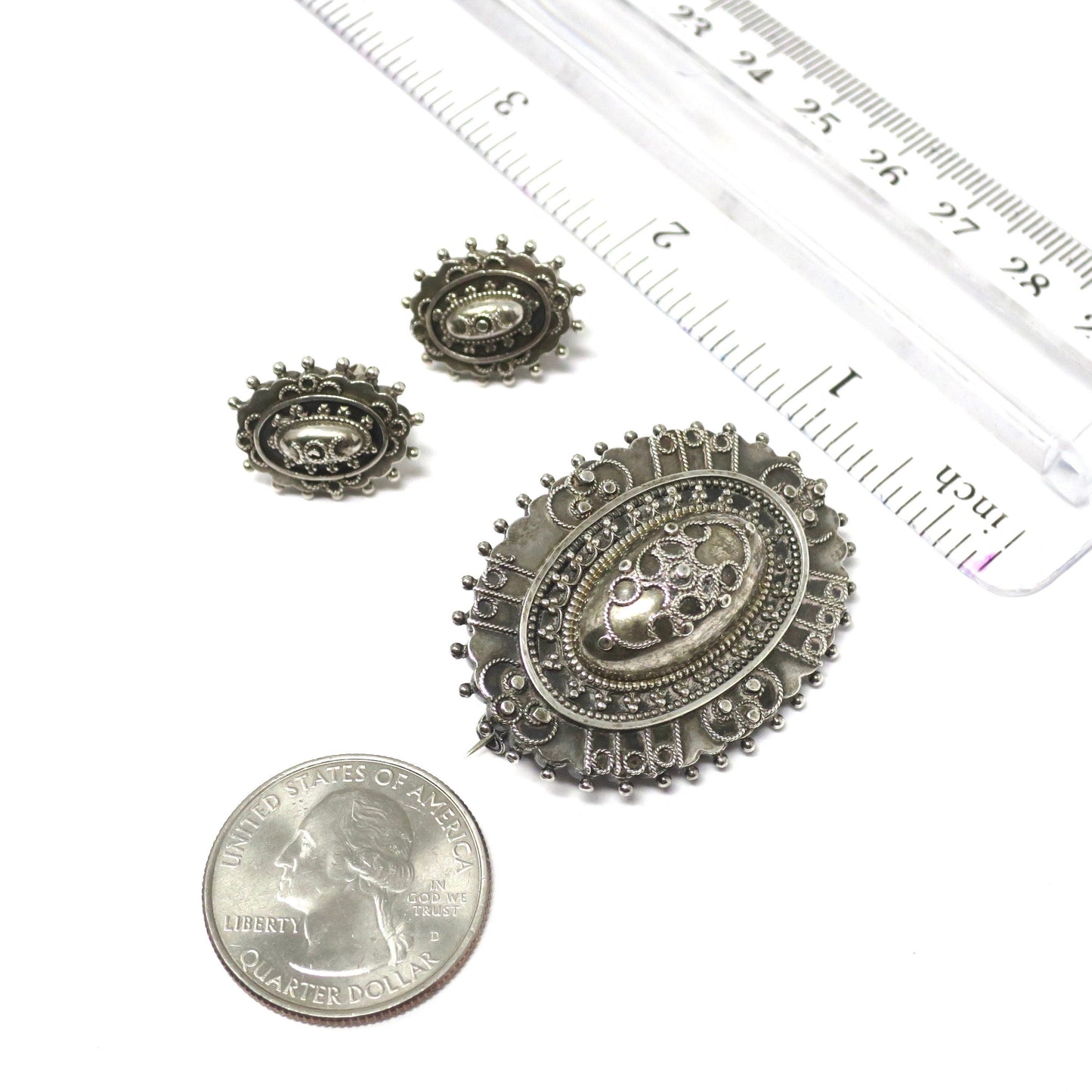 1886 Antique Victorian Etruscan Style Chester British Brooch & Earrings Set