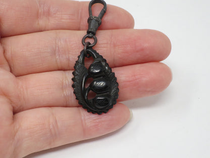 Victorian Mourning Carved Whitby Jet 3 Tulip Flowers Pendant