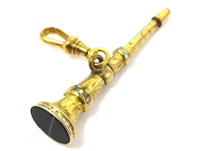 Antique Victorian Gilt Metal Engraved Watch Key Fob with Banded Agate Seal Pendant