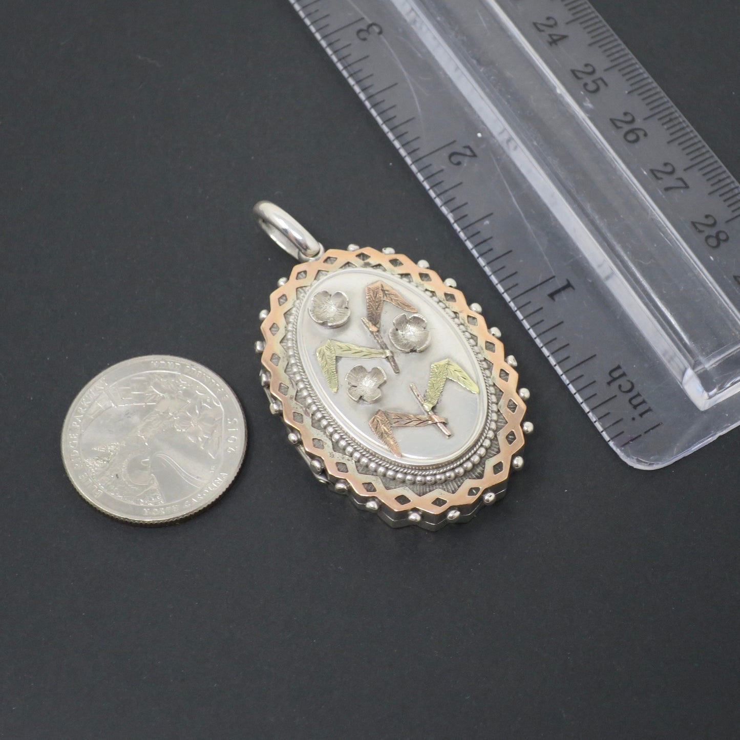 Antique Victorian Sterling Silver & Gold Vermeil 3D Flowers Locket Pendant