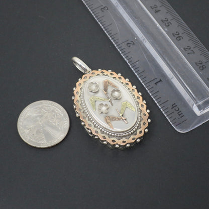 Antique Victorian Sterling Silver & Gold Vermeil 3D Flowers Locket Pendant