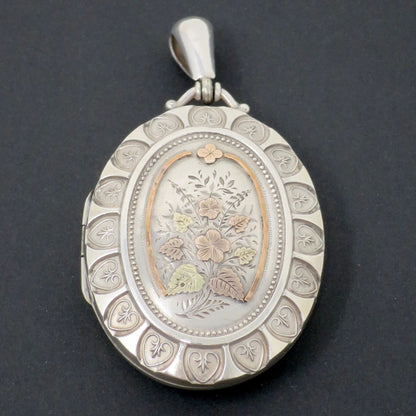 Antique Victorian Sterling Silver Forget-Me-Not Locket Pendant: Rose & Yellow Gold Vermeil, Birmingham 1876
