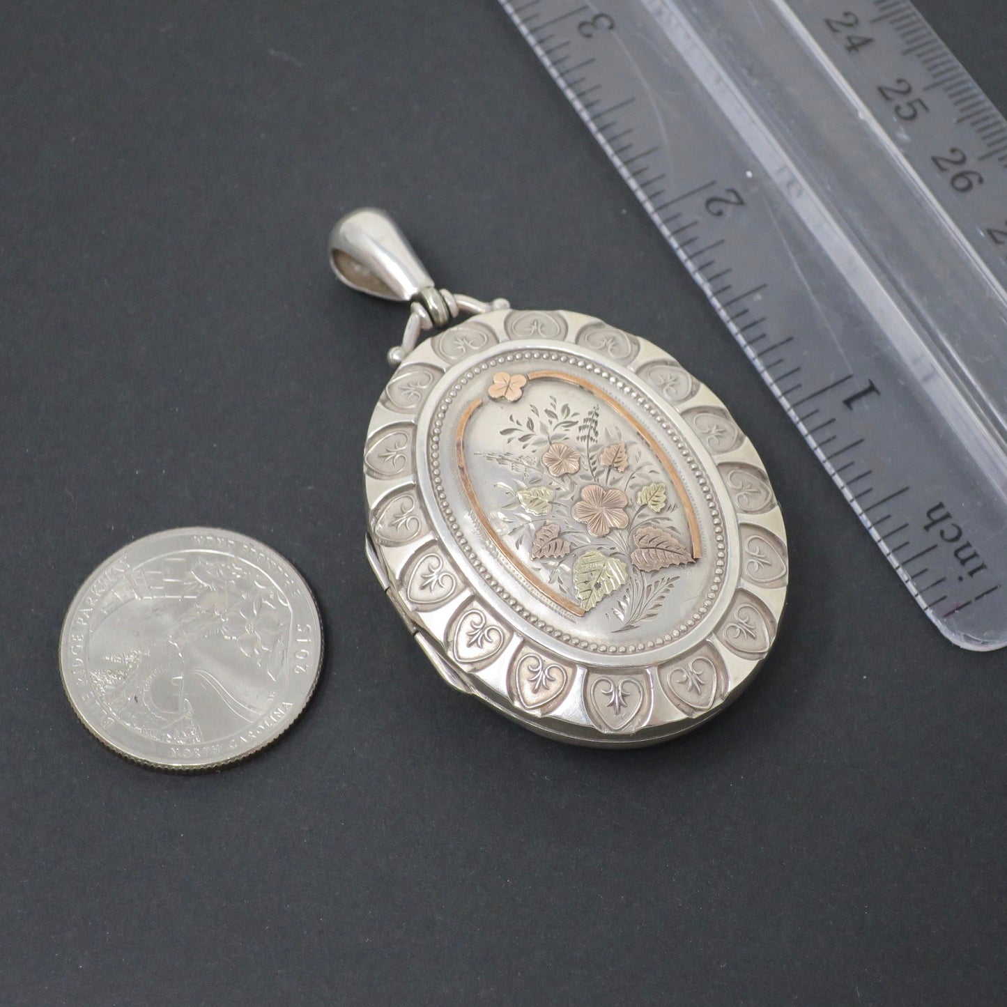 Antique Victorian Sterling Silver Forget-Me-Not Locket Pendant: Rose & Yellow Gold Vermeil, Birmingham 1876
