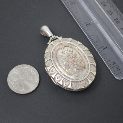 Antique Victorian Sterling Silver Forget-Me-Not Locket Pendant: Rose & Yellow Gold Vermeil, Birmingham 1876