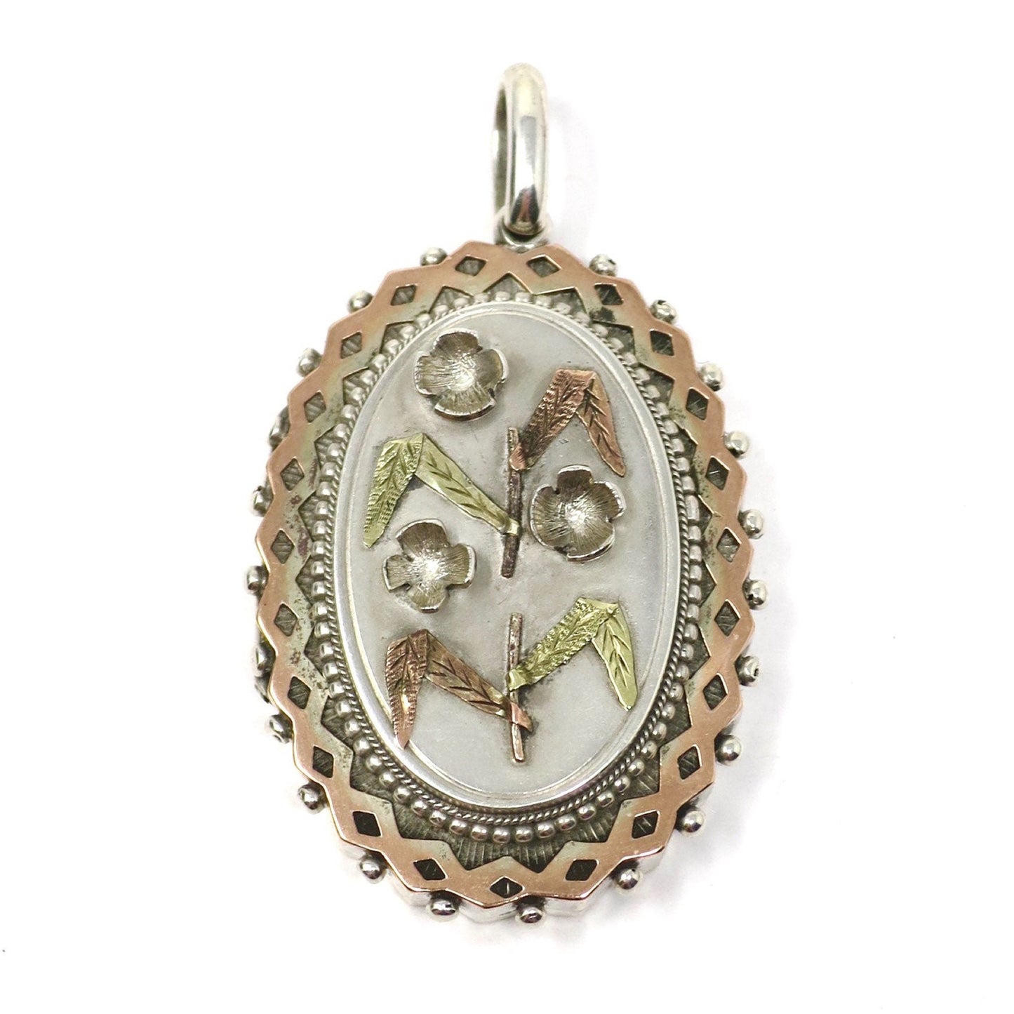 Antique Victorian Sterling Silver & Gold Vermeil 3D Flowers Locket Pendant