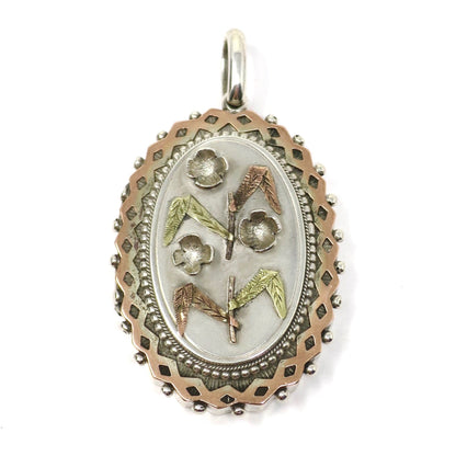 Antique Victorian Sterling Silver & Gold Vermeil 3D Flowers Locket Pendant