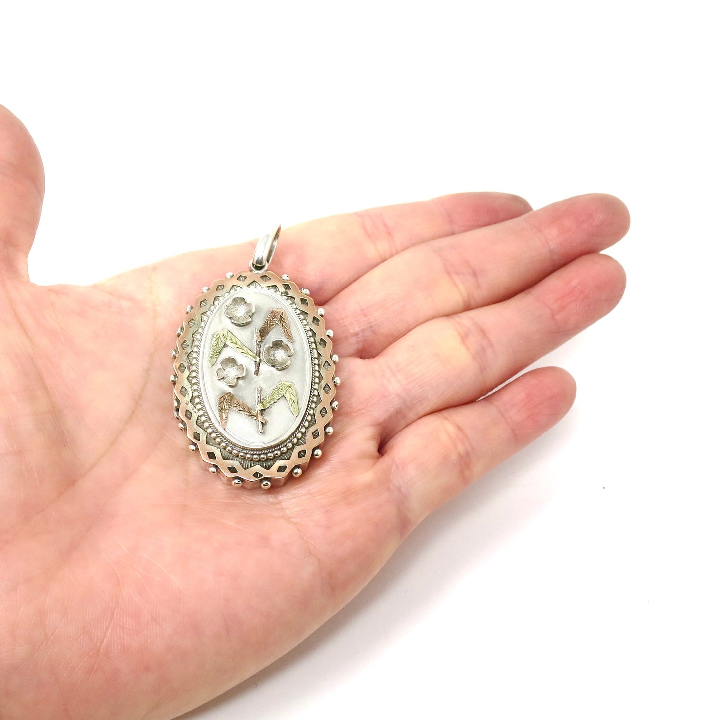 Antique Victorian Sterling Silver & Gold Vermeil 3D Flowers Locket Pendant