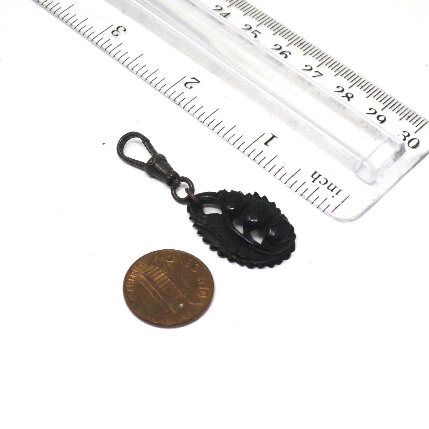 Victorian Mourning Carved Whitby Jet 3 Tulip Flowers Pendant