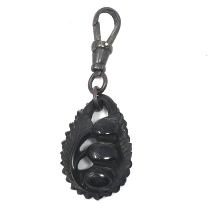 Victorian Mourning Carved Whitby Jet 3 Tulip Flowers Pendant