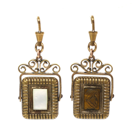 Antique Gold Filled Mother of Pearl and Tiger Eye Spinner Fob Pendant