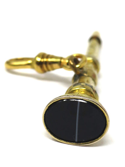 Antique Victorian Gilt Metal Engraved Watch Key Fob with Banded Agate Seal Pendant