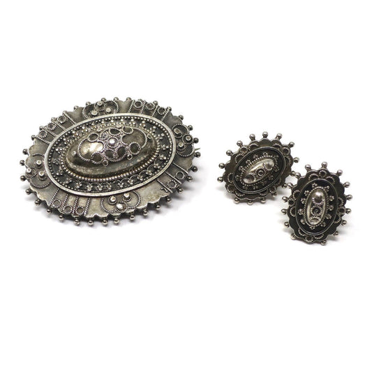 1886 Antique Victorian Etruscan Style Chester British Brooch & Earrings Set