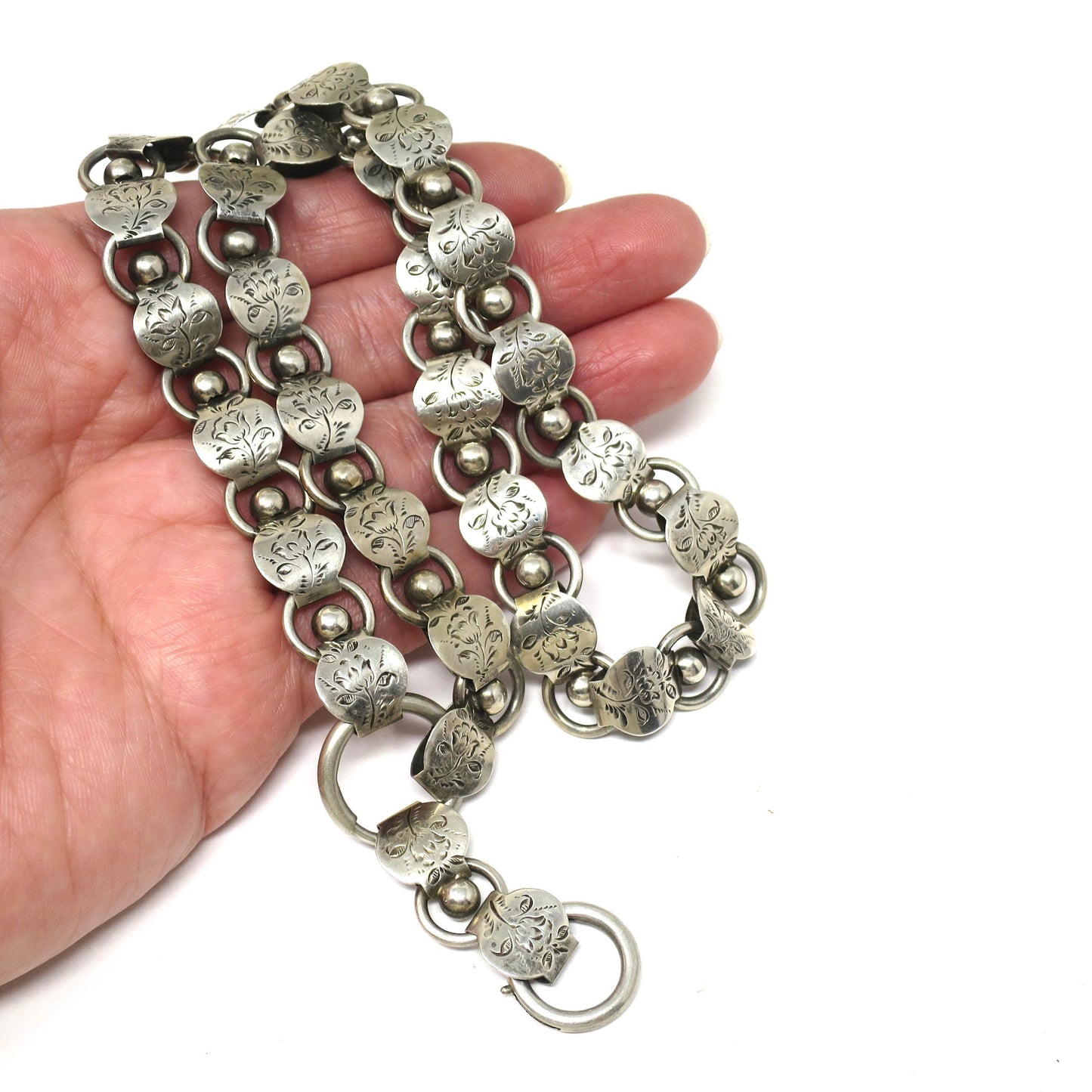 Antique Victorian Sterling Silver Two Sided Engraved Flower Collar Book Chain Necklace
