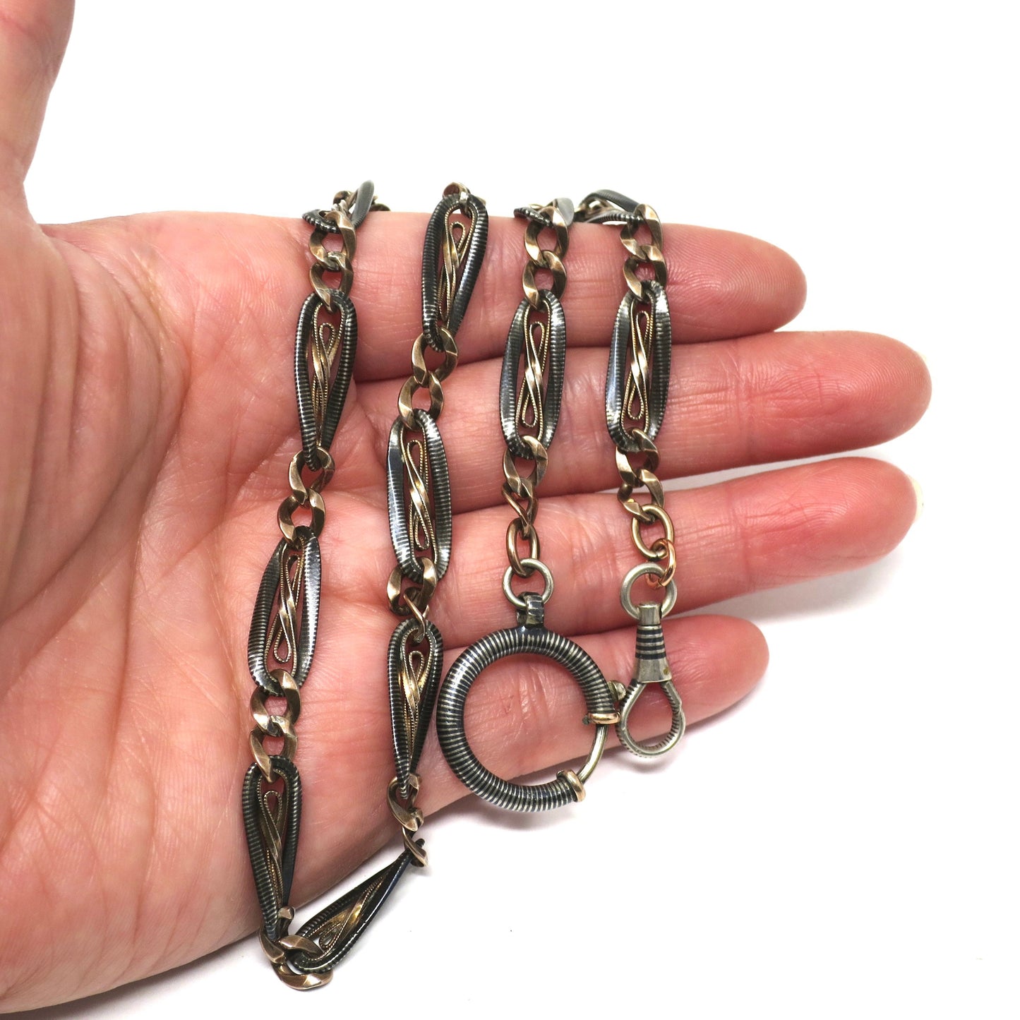 Antique Victorian 800 Silver Niello Rose Gold Vermeil Chain Necklace (17.75")MB63