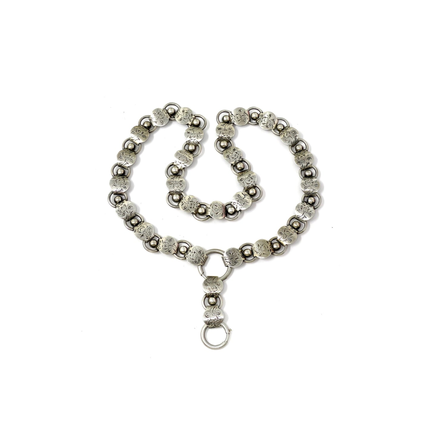 Antique Victorian Sterling Silver Two Sided Engraved Flower Collar Book Chain Necklace