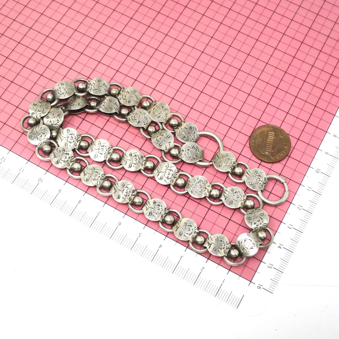 Antique Victorian Sterling Silver Two Sided Engraved Flower Collar Book Chain Necklace